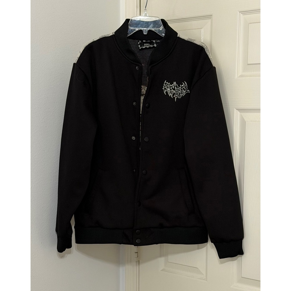 Rebel Vengeance Mens sz L Black Woven Tapestry Grim Reaper Bomber Jacket Gothic